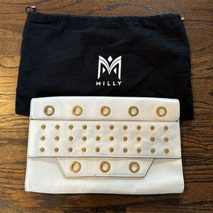 MILLY White Leather Clutch/Shoulder Bag With Gold Grommets